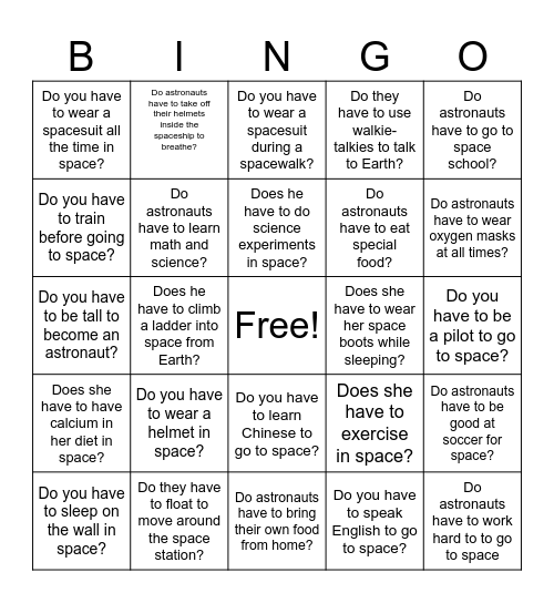 Curious About Grammar: "have to" Space Bingo Card