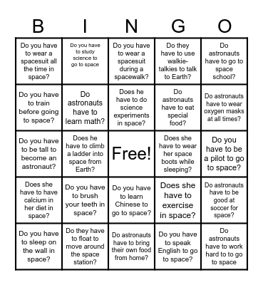 Curious About Grammar: "have to" Space Bingo Card