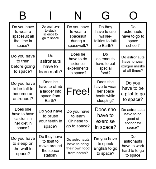 Curious About Grammar: "have to" Space Bingo Card