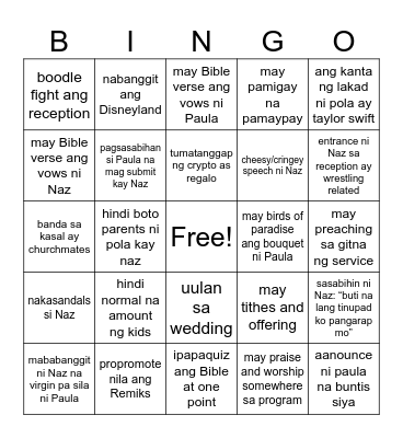 Naz and Paula Wedding Bingo Card