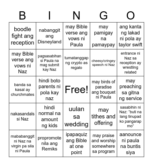 Naz and Paula Wedding Bingo Card