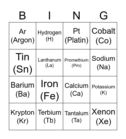 Chemie Bingo Card