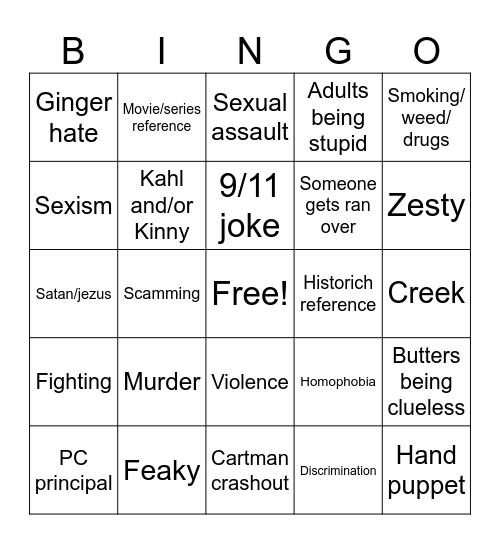 South Park Bingo Card