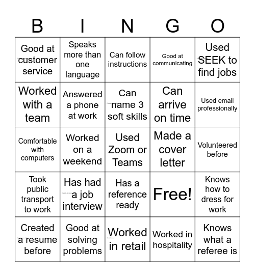Employability Bingo Card