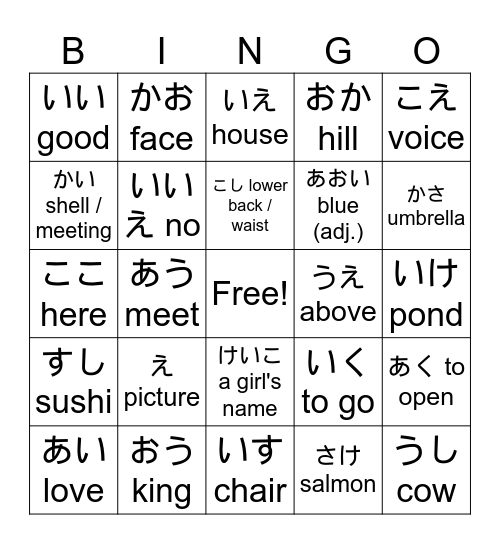 Hiragana Bingo Card