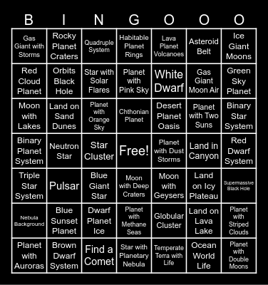 Space Engine Exploration Bingo Card
