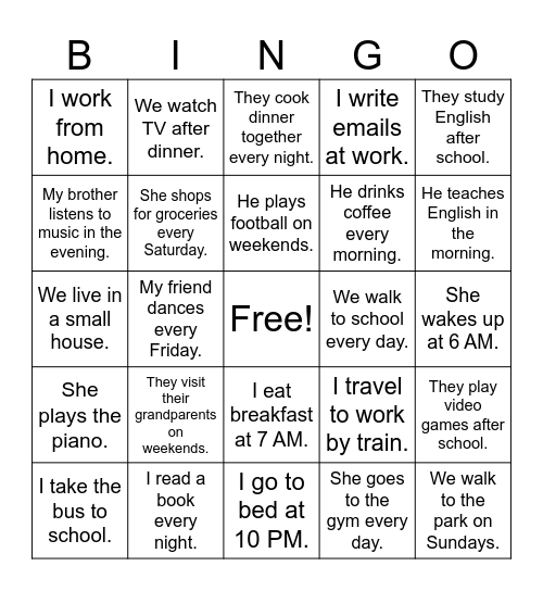 Present Simple Bingo Card
