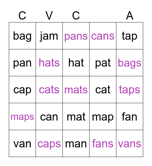 CVC words with vowel A Bingo Card