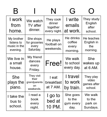 Present Simple Bingo Card
