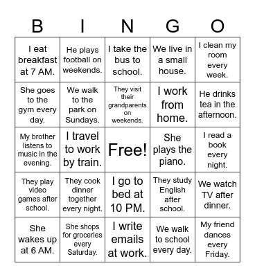 Present Simple Bingo Card