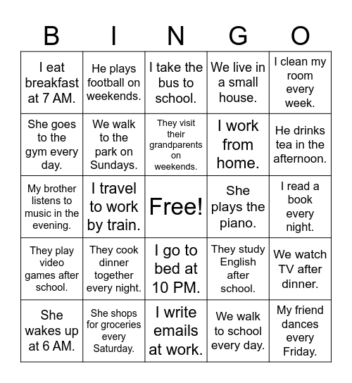Present Simple Bingo Card