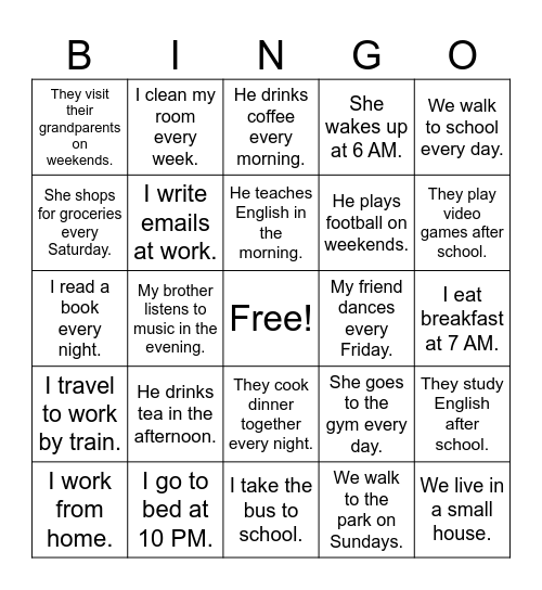Present Simple Bingo Card
