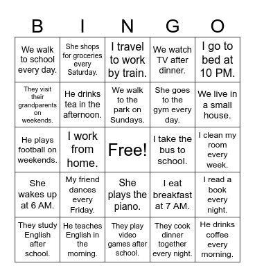 Present Simple Bingo Card
