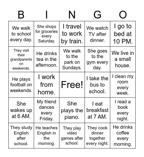 Present Simple Bingo Card