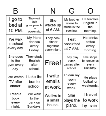 Present Simple Bingo Card