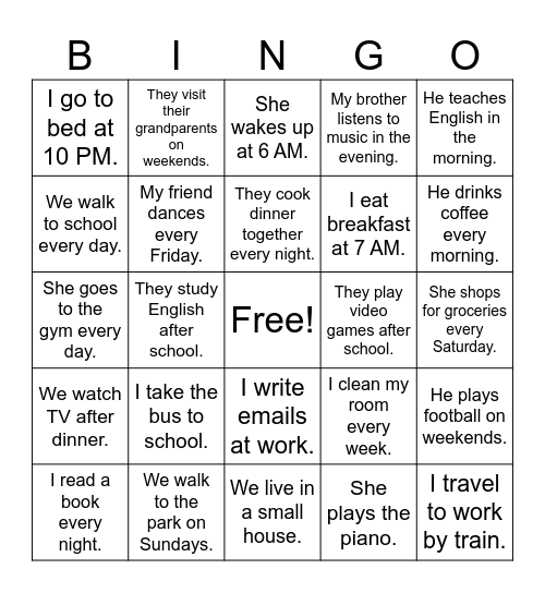 Present Simple Bingo Card