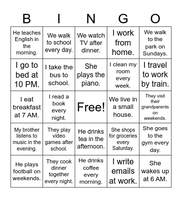 Present Simple Bingo Card