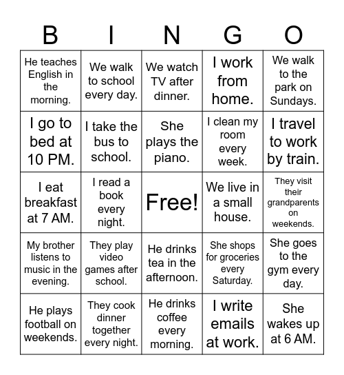 Present Simple Bingo Card