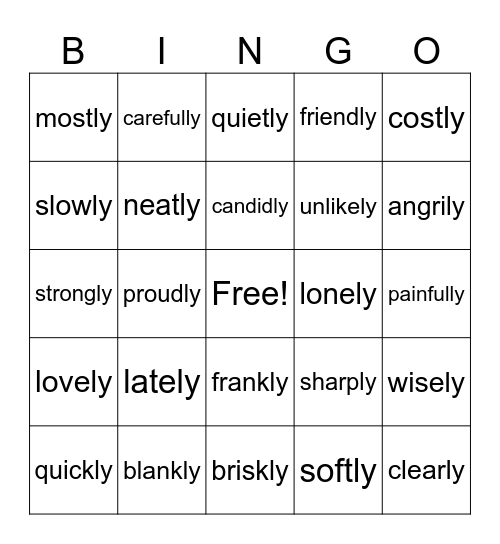 -ly Bingo Card