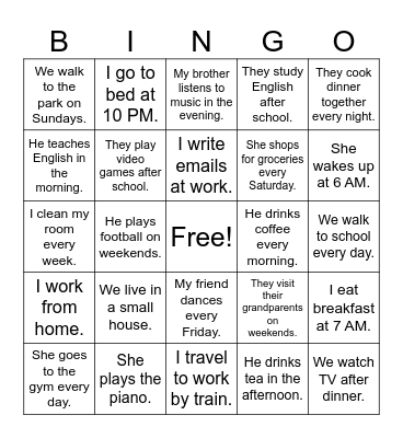 Present Simple Bingo Card