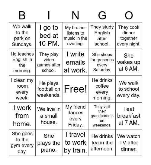 Present Simple Bingo Card