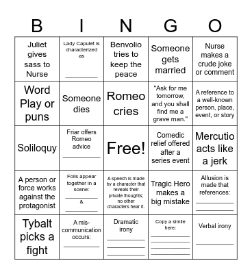 Romeo and Juliet Bingo Card