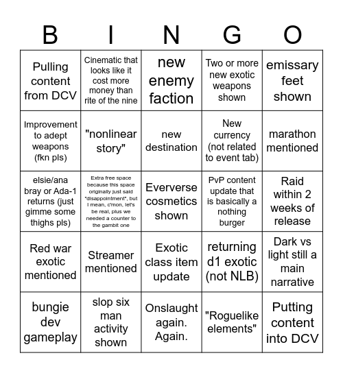 Edge of Fate Bingo Card