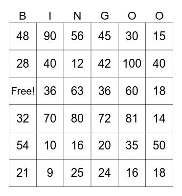 Multiplication Bingo Card