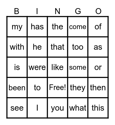 Heart Words Bingo Card