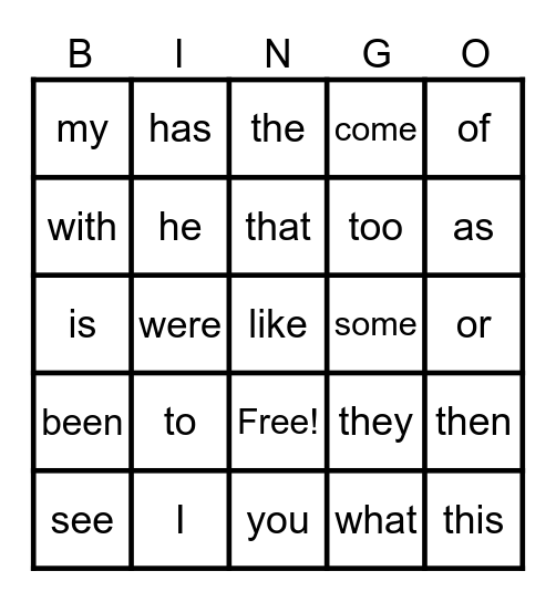 Heart Words Bingo Card