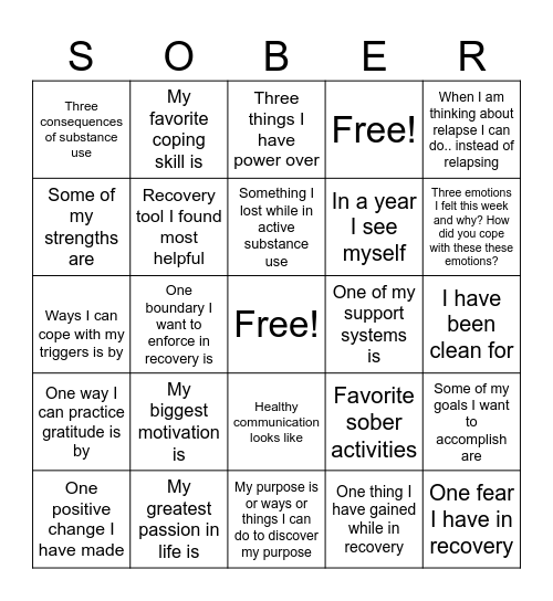 Recovery Bingo Card