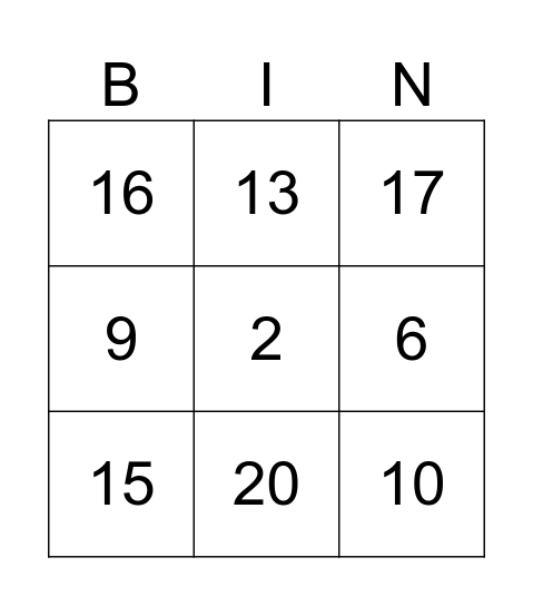 1-20 Number Bingo Card