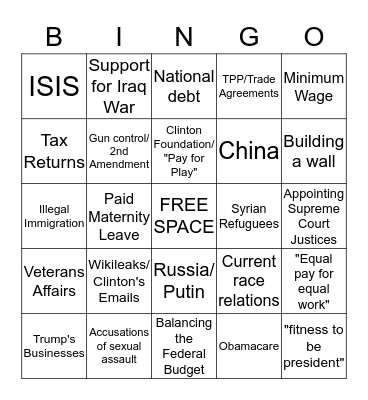 3rd Presidential Debate Oct. 19 @ 8pm Bingo Card