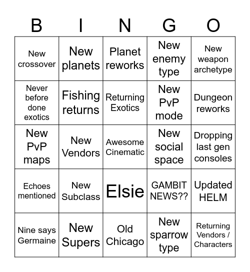 Bungie Reveal 5/6 Bingo Card