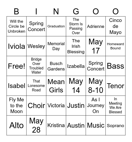 Concert Choir Bingo Card