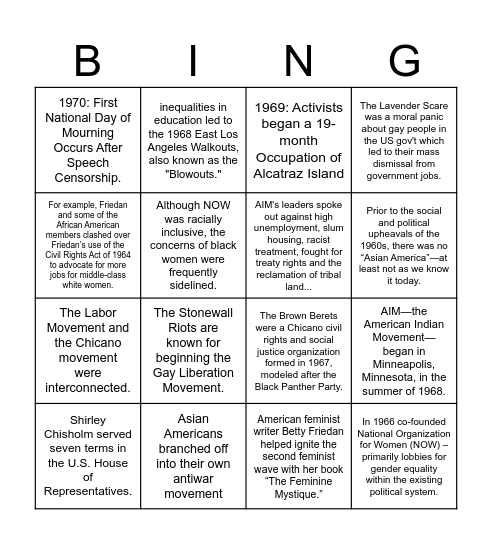 Social Movements BING(O) Bingo Card