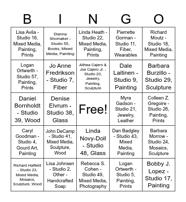 Artist studio tour 2025 Bingo Card