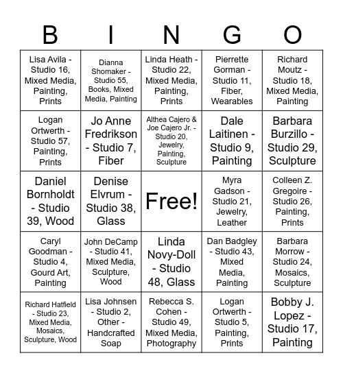 Artist studio tour 2025 Bingo Card