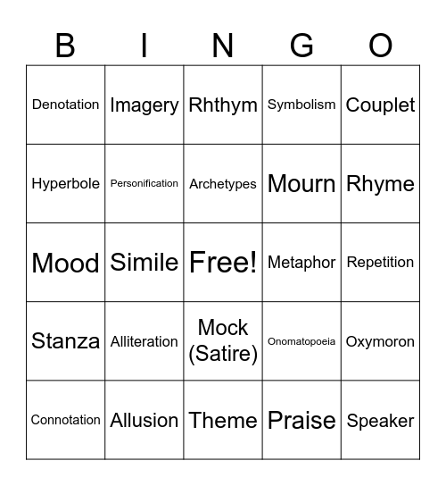 Unit 4: Preview to Poetry! Round One Bingo Card