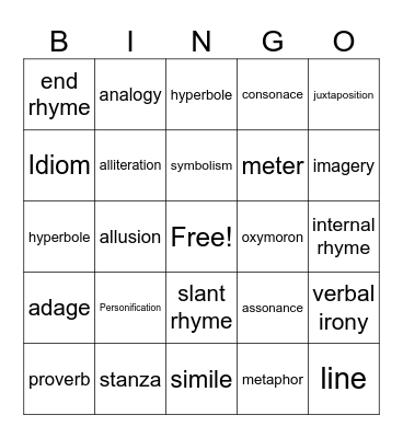 Figurative Language Bingo Card