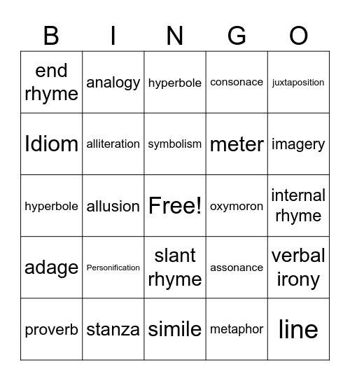 Figurative Language Bingo Card