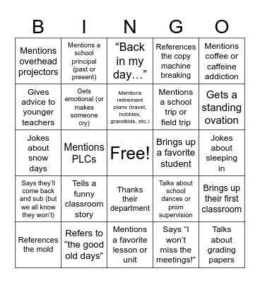 Retirement Speech Bingo Card
