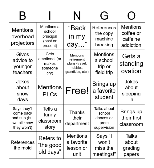 Retirement Speech Bingo Card