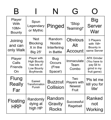Ultimate Fruit Battlegrounds Bingo Card