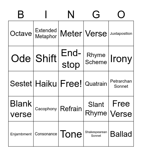 Unit 4: Preview to Poetry! Round Two Bingo Card