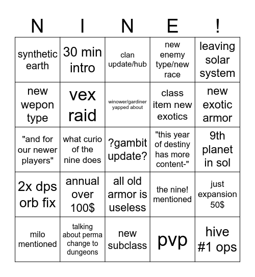 bingo of the nine Bingo Card