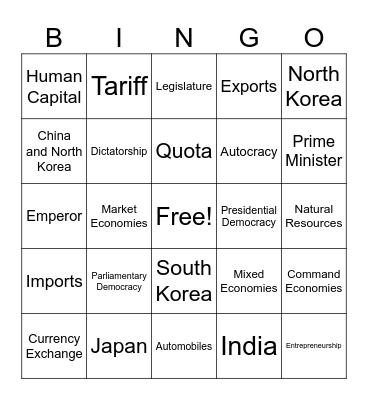 Unit 13 - Government and Economies of South and East Asia Bingo Card