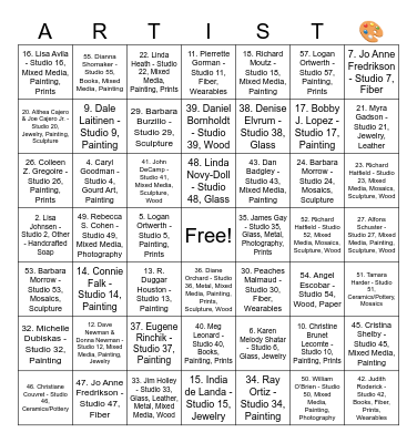 Placitas Artist studio tour 2025 Bingo Card