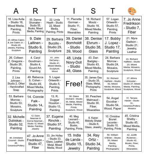 Placitas Artist studio tour 2025 Bingo Card
