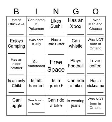 YOUTH HUMAN BINGO Card